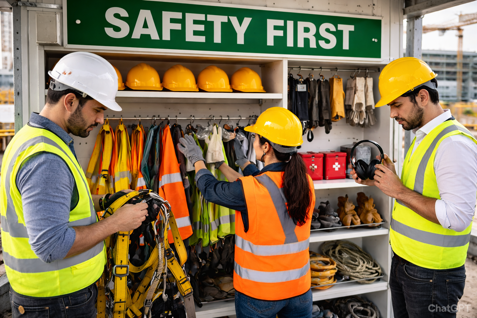 Macrise construction workers wearing safety helmets and PPE following HSE standards on site