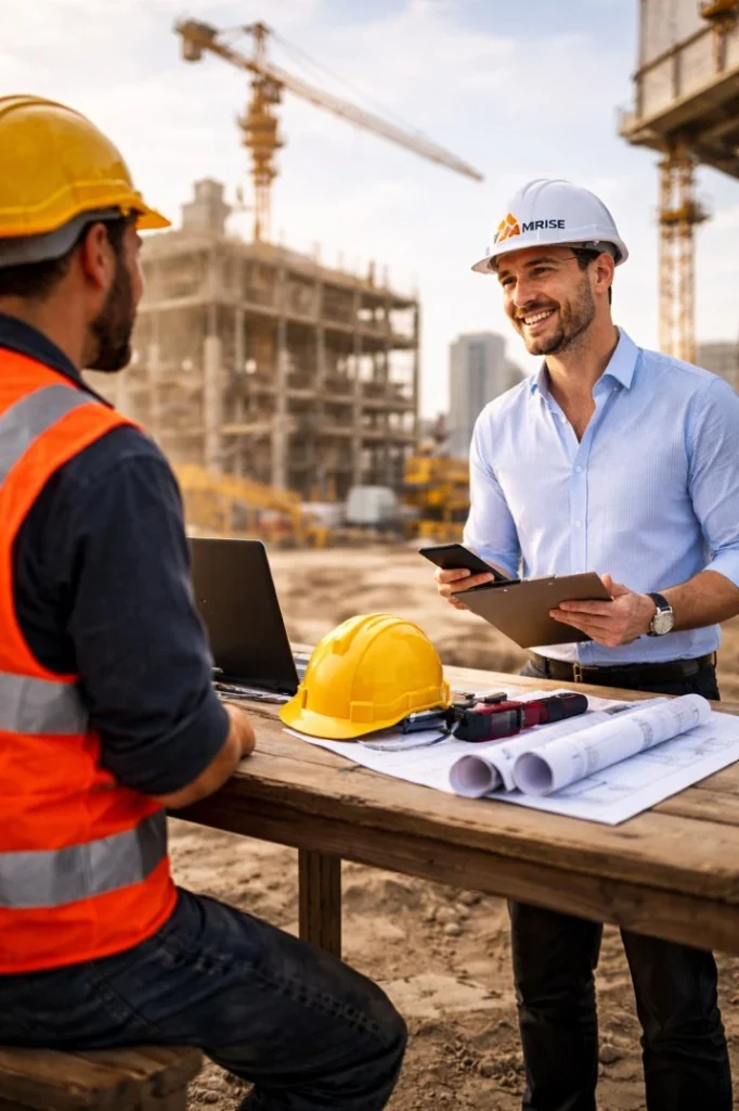 Construction engineers reviewing building plans and safety procedures at an industrial construction site